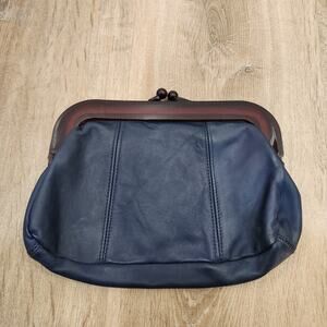 Vintage 60s 70s Navy Blue Leather Clutch with Amber Lucite Frame Envelope Purse